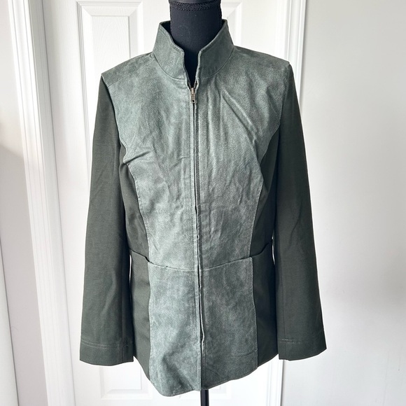 Avon Jackets & Blazers - Avon  Olive Green Knit Sleeves Leather Jacket Full Zip